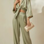 trendy wedding guest outfits 2026 sage metallic set – the confident play on shine