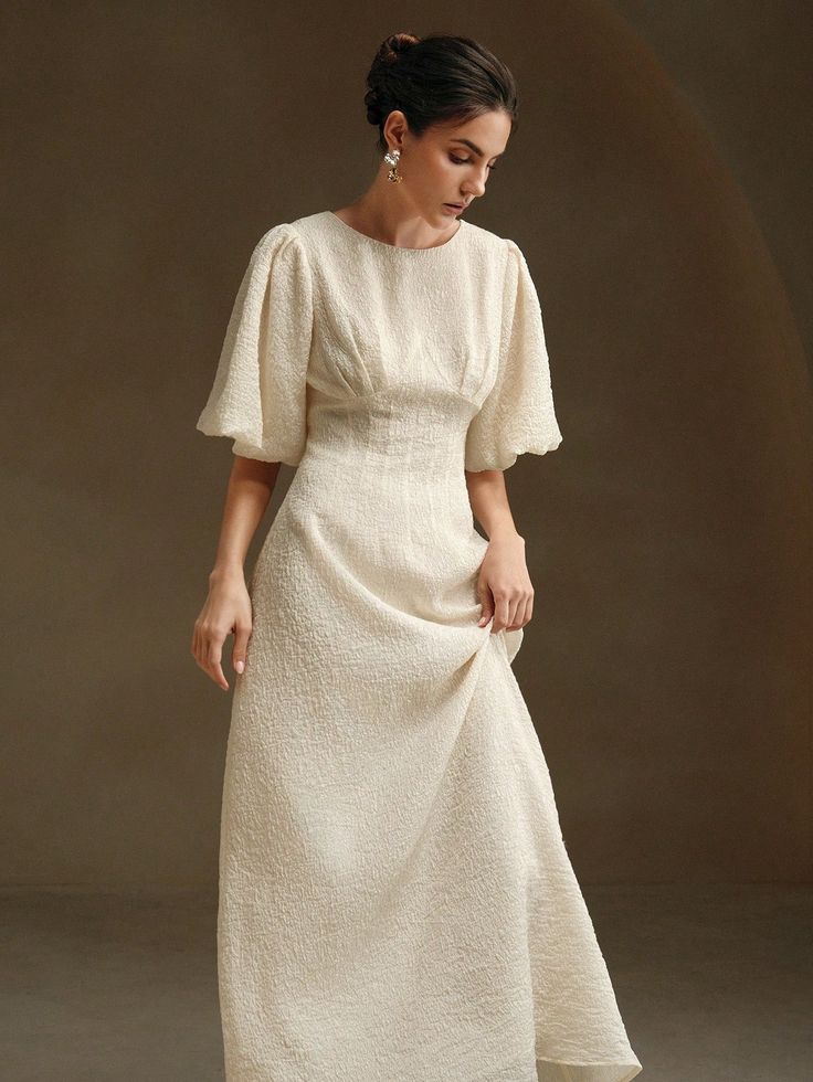 women casual textured light yellow puff sleeve midi dress